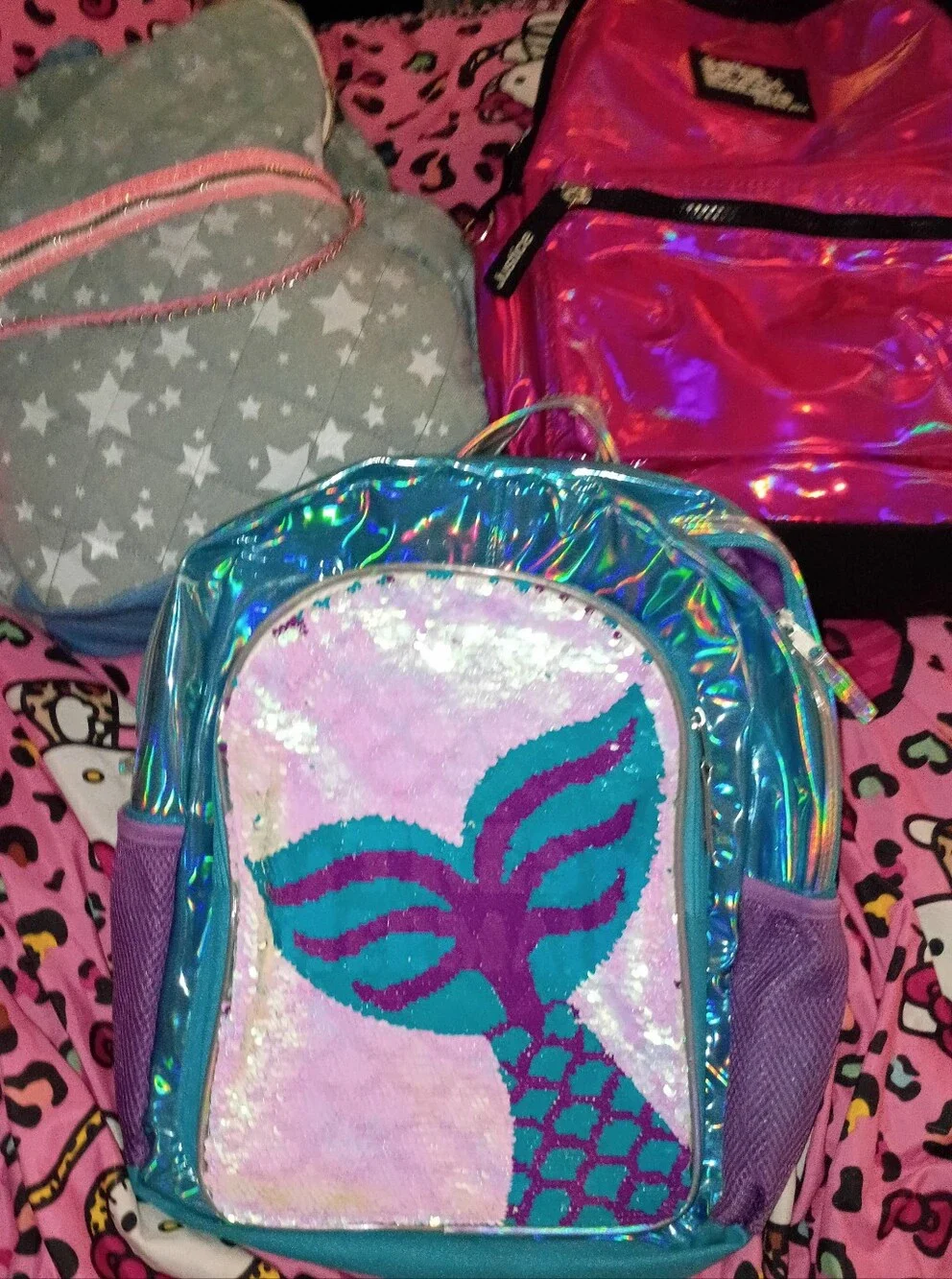 3 Justice Pink Holographic, Mermaid Sequin, & Denim Stars 3 Book Bag Bunder